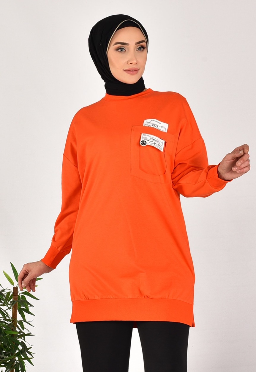 10597 PUANE İKİ İPLİK KUMAŞ CEP VE YAZI DETAYLI SWEATSHIRT-ORANJ