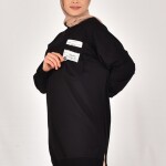 10597 PUANE İKİ İPLİK KUMAŞ CEP VE YAZI DETAYLI SWEATSHIRT-SİYAH