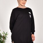 10597 PUANE İKİ İPLİK KUMAŞ CEP VE YAZI DETAYLI SWEATSHIRT-SİYAH