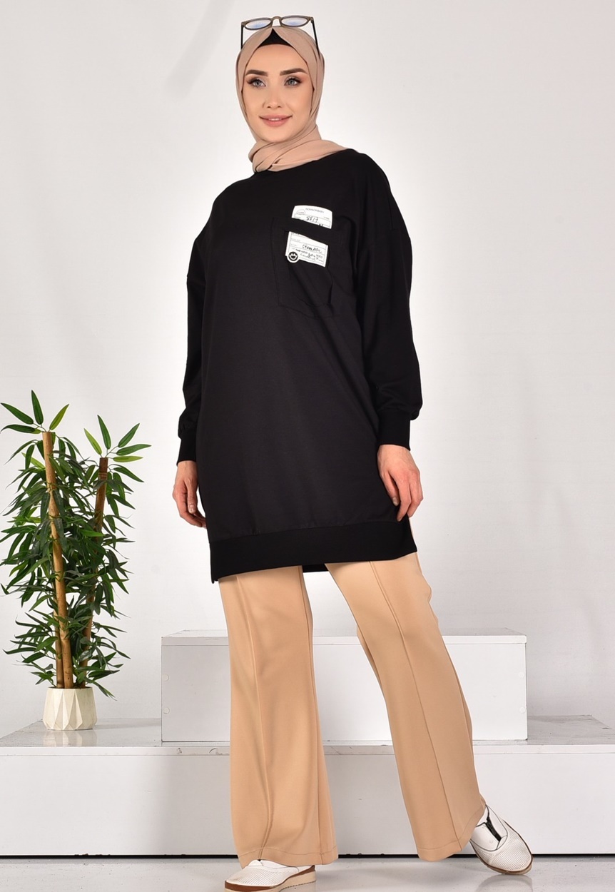 10597 PUANE İKİ İPLİK KUMAŞ CEP VE YAZI DETAYLI SWEATSHIRT-SİYAH