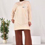 10597 PUANE İKİ İPLİK KUMAŞ CEP VE YAZI DETAYLI SWEATSHIRT-TAŞ