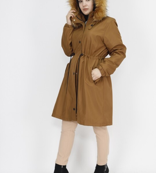 11011 Bondit Kumaş Büyük Beden Orta Boy Kaban-TABA