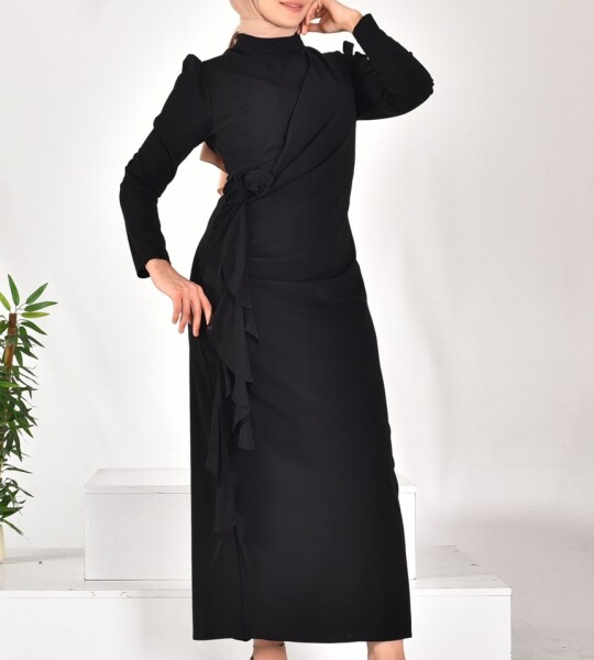 12519 PUANE KREP KUMAŞ YANDAN BAĞLAMALI TESETTÜR ELBİSE-SİYAH