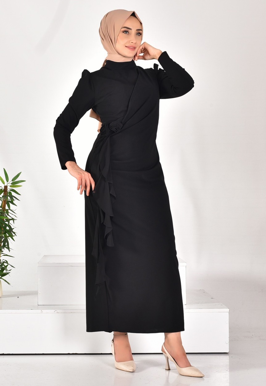 12519 PUANE KREP KUMAŞ YANDAN BAĞLAMALI TESETTÜR ELBİSE-SİYAH