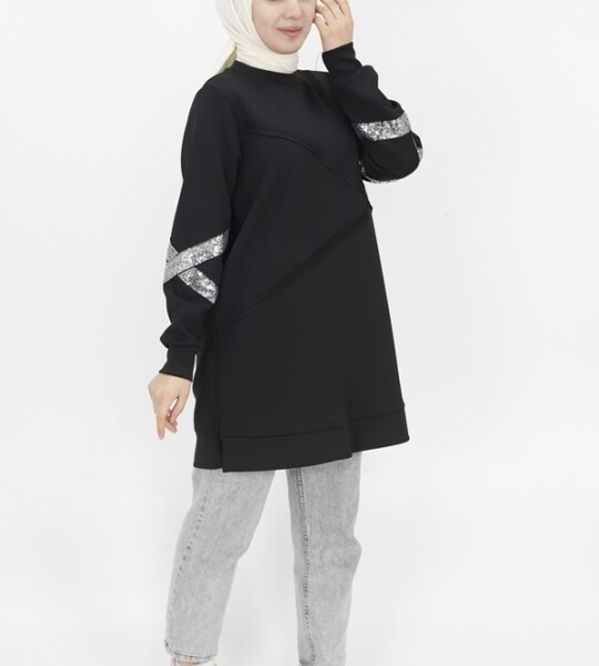 10367 Puane Scuba Kumaş Pul Detaylı Sweatshirt-Siyah