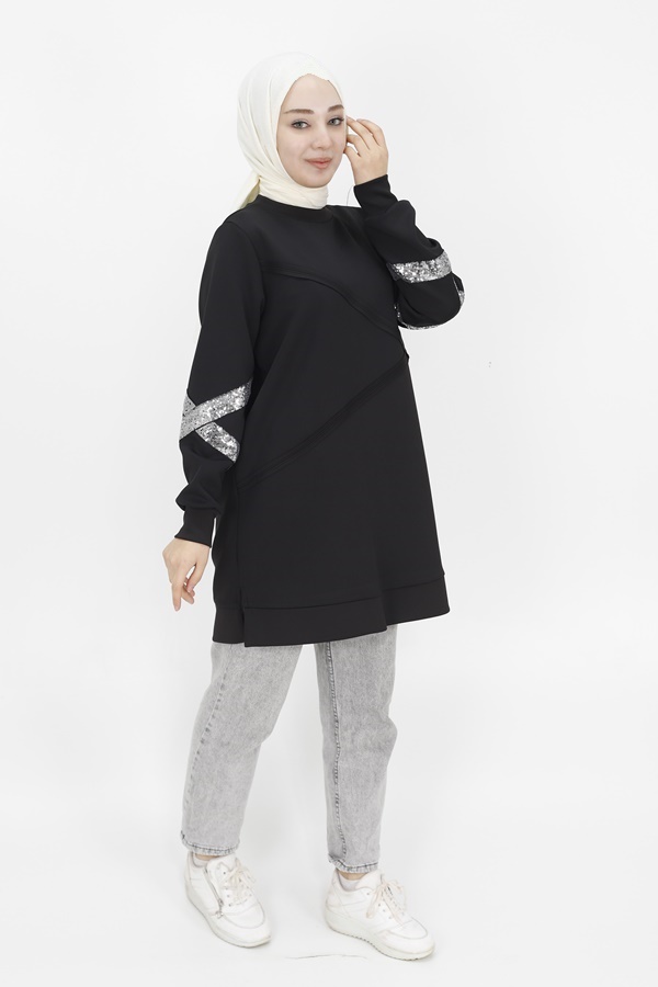 10367 Puane Scuba Kumaş Pul Detaylı Sweatshirt-Siyah