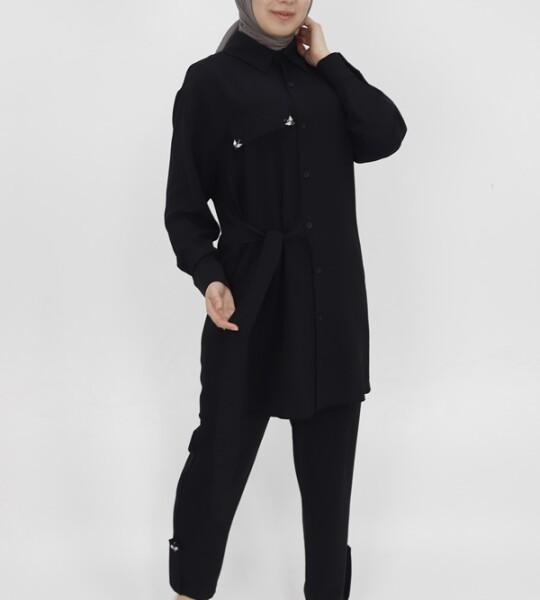 14191 Puane Sahte Cep Detaylı Beli Bağlamalı Aerobin İkili Takım-SİYAH