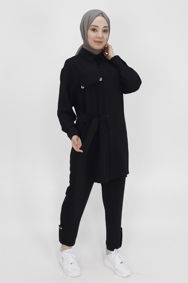 14191 Puane Sahte Cep Detaylı Beli Bağlamalı Aerobin İkili Takım-SİYAH