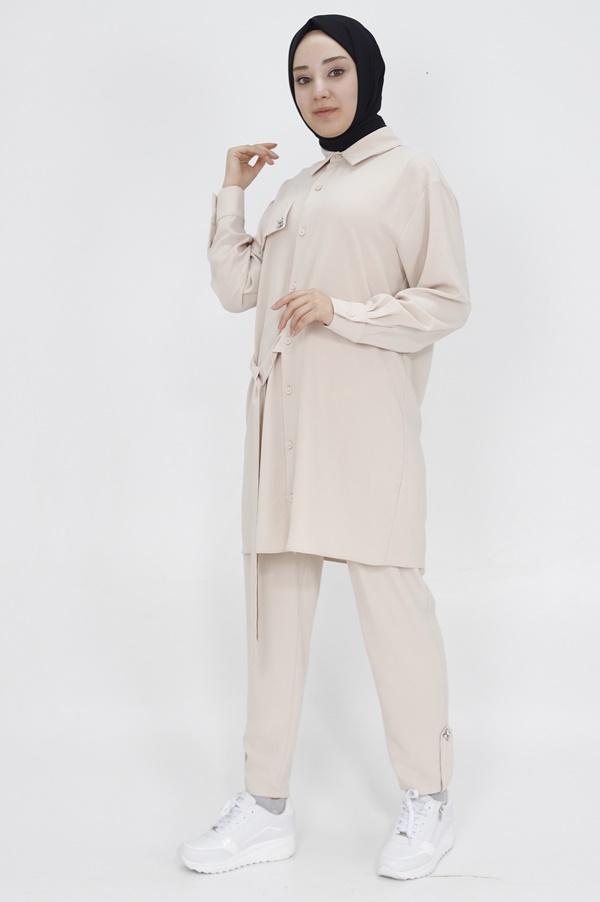 14191 Puane Sahte Cep Detaylı Beli Bağlamalı Aerobin İkili Takım-TAŞ