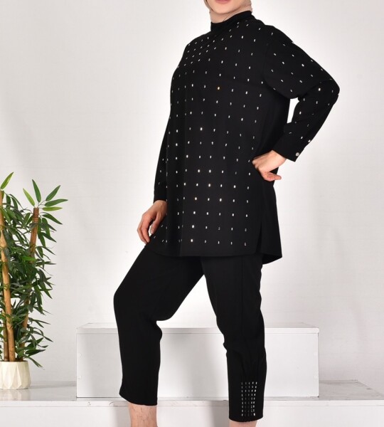 14209 PUANE KREP KUMAŞ ÖNÜ TAŞ BASKILI İKİLİ TAKIM-SİYAH