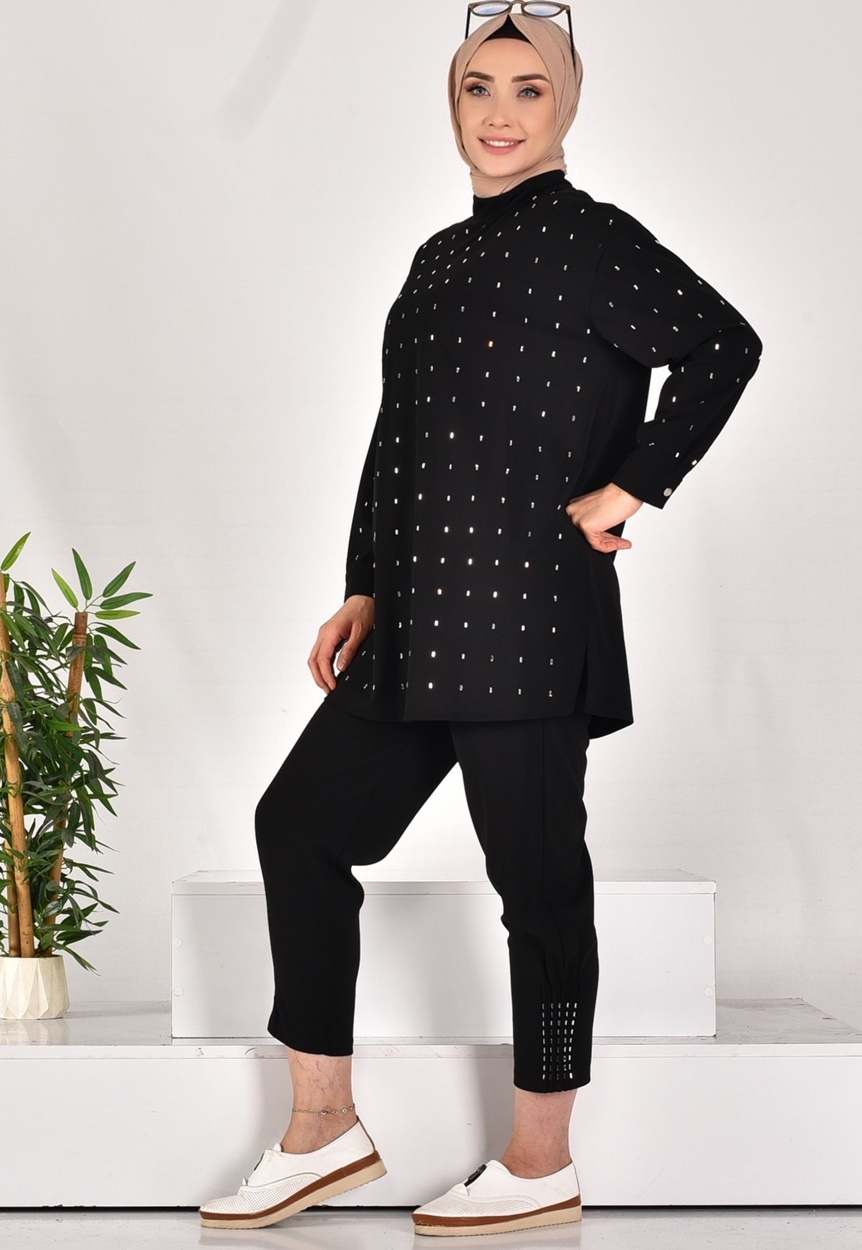 14209 PUANE KREP KUMAŞ ÖNÜ TAŞ BASKILI İKİLİ TAKIM-SİYAH