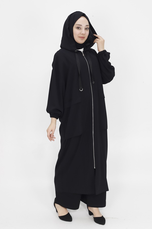 15157 Puane Aerobin Kumaş Sahte Cep Detaylı Kapüşonlu Kap-SİYAH