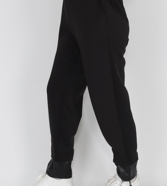 18139 Puane Scuba Kumaş Paçası Deri Detaylı Pantolon-SİYAH