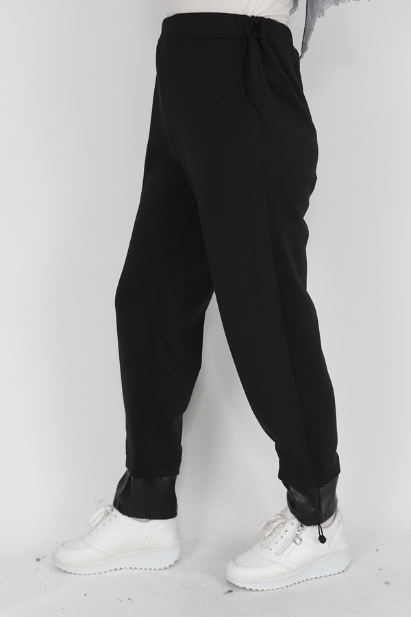 18139 Puane Scuba Kumaş Paçası Deri Detaylı Pantolon-SİYAH