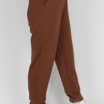 18139 Puane Scuba Kumaş Paçası Deri Detaylı Pantolon-TABA