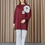 10743 Puane 2 İp Kumaş Taş ve Baskılı Detaylı Sweatshirt-BORDO