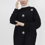 20001 Taş ve İnci Detaylı İki İplik Sweatshirt-SİYAH