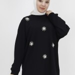 20001 Taş ve İnci Detaylı İki İplik Sweatshirt-SİYAH