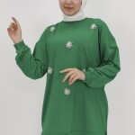 20001 Taş ve İnci Detaylı İki İplik Sweatshirt-YEŞİL