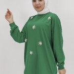 20001 Taş ve İnci Detaylı İki İplik Sweatshirt-YEŞİL