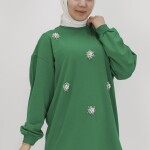 20001 Taş ve İnci Detaylı İki İplik Sweatshirt-YEŞİL