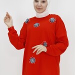 20003 Taş ve Boncuk Detaylı İki İplik Sweatshirt-ORANJ