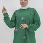 20003 Taş ve Boncuk Detaylı İki İplik Sweatshirt-YEŞİL