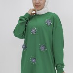 20003 Taş ve Boncuk Detaylı İki İplik Sweatshirt-YEŞİL