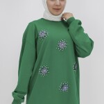 20003 Taş ve Boncuk Detaylı İki İplik Sweatshirt-YEŞİL