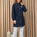 10741 Puane Taş Detaylı Paraşüt Kumaş Trenç Gömlek-LACİVERT