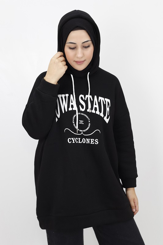 23140 Iowa State Baskili Kapişonlu Sweatshirt-SİYAH