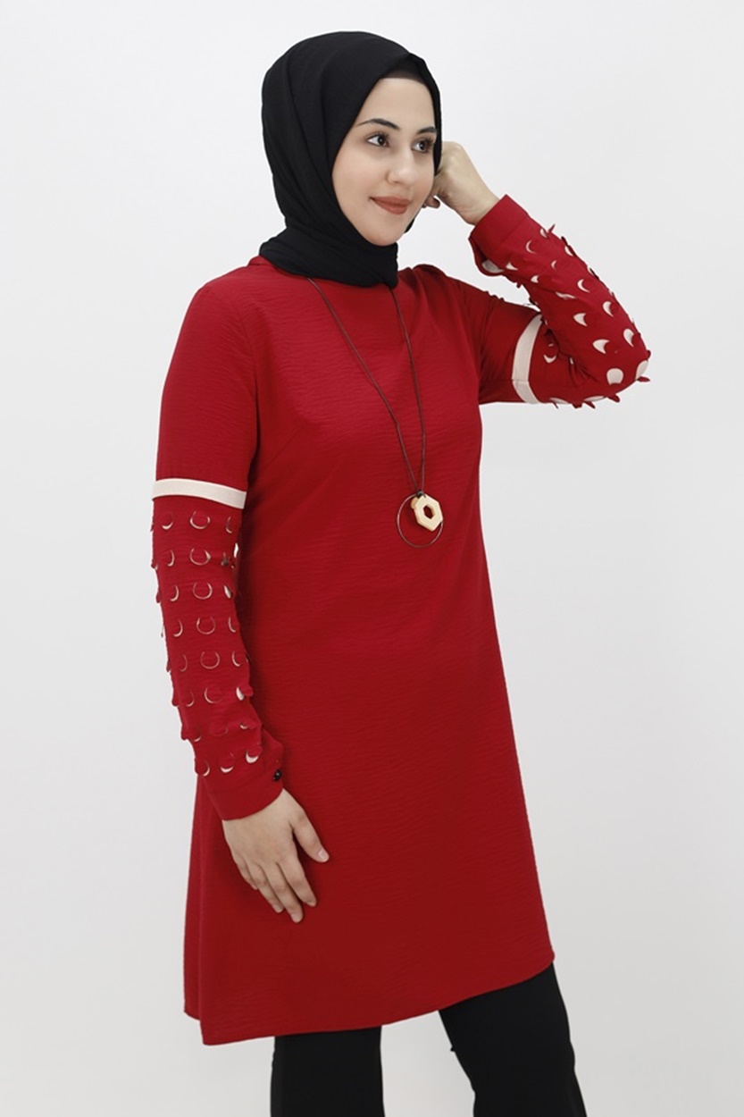 2356 Lazer Kesim Kol Detayli Aerobin Tunik-BORDO