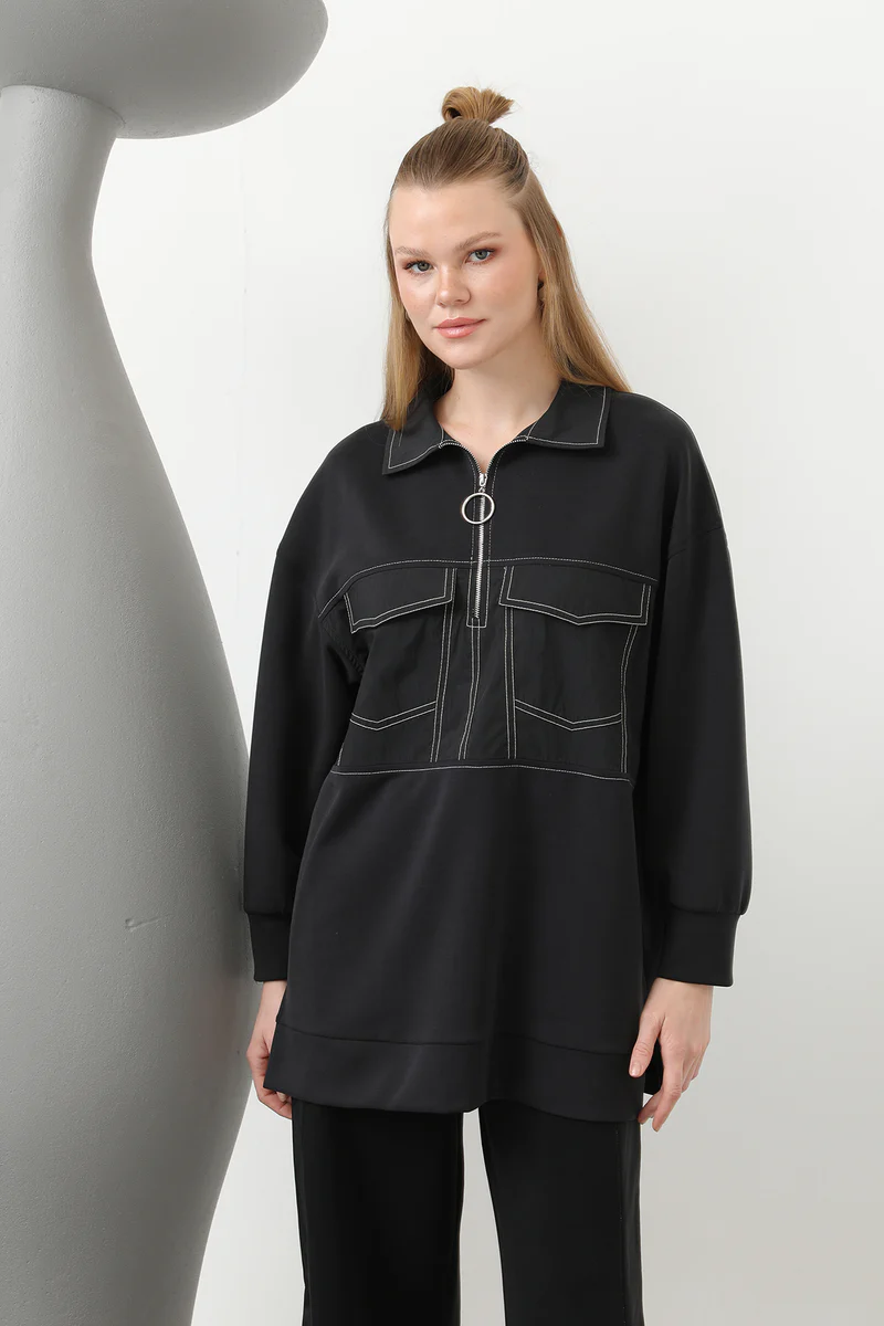 20602 Puane Modal Kumaş Cep Detaylı Takım-SİYAH