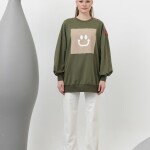 20623  İki İplik Kumaş Smile Baskılı Oversize Tesettür Sweatshirt-Haki