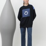 20623  İki İplik Kumaş Smile Baskılı Oversize Tesettür Sweatshirt-Lacivert