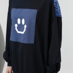 20623  İki İplik Kumaş Smile Baskılı Oversize Tesettür Sweatshirt-Lacivert