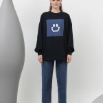 20623  İki İplik Kumaş Smile Baskılı Oversize Tesettür Sweatshirt-Lacivert