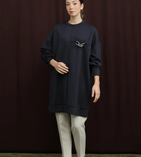 10717 Puane Scuba Kumaş Aksesuar Detaylı Sweatshirt-LACİVERT