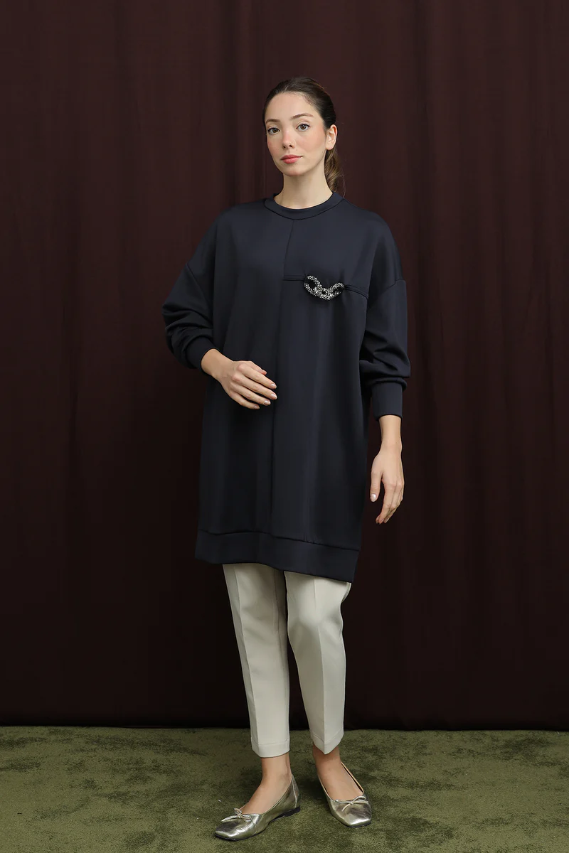 10717 Puane Scuba Kumaş Aksesuar Detaylı Sweatshirt-LACİVERT