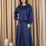 14397 Puane Süet Kumaş Düğmeli Etekli Takım-LACİVERT