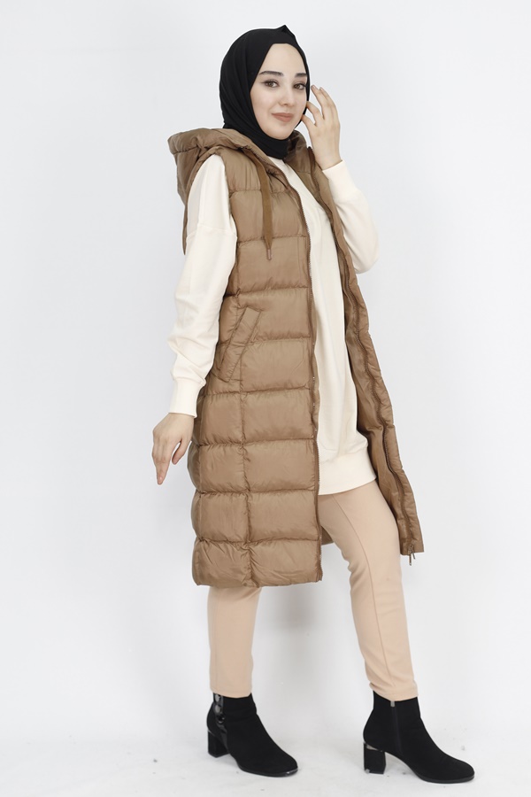 3023 Jessica Kumaş Cepli Dolum Şişme Yelek-CAMEL