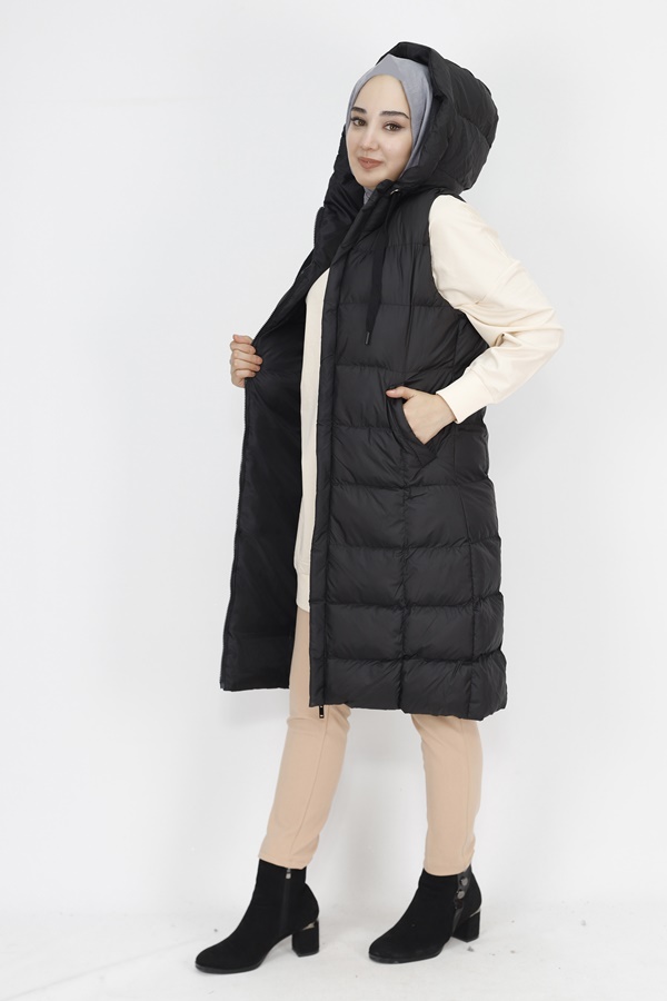 3023 Jessica Kumaş Cepli Dolum Şişme Yelek-SİYAH