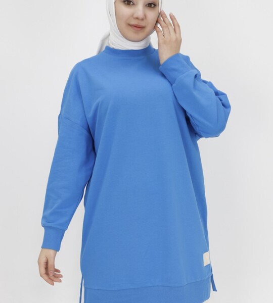 30644 Puane Iki Iplik Kumaş Basic Tunik Sweatshirt-İNDİGO