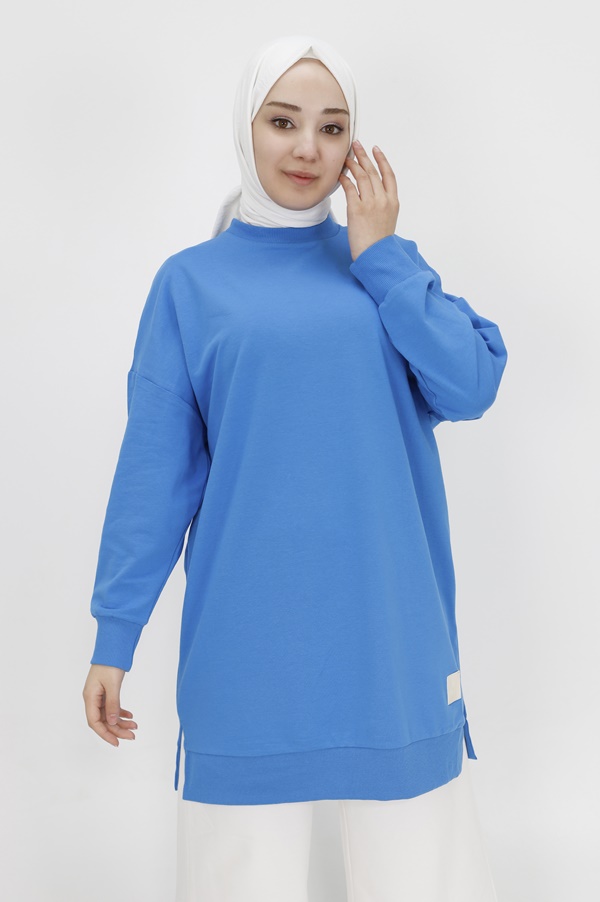 30644 Puane Iki Iplik Kumaş Basic Tunik Sweatshirt-İNDİGO