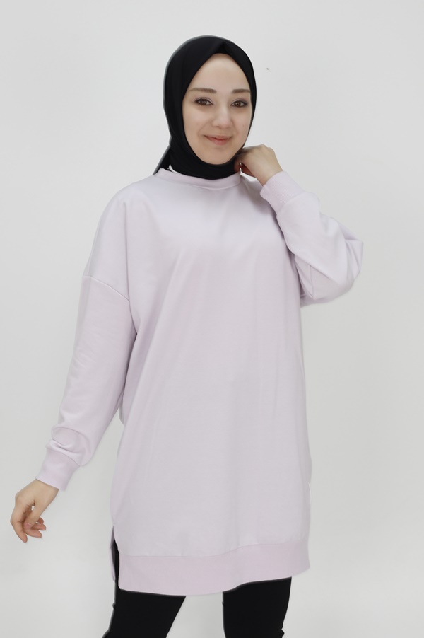 30644 Puane Iki Iplik Kumaş Basic Tunik Sweatshirt-LİLA