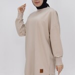 30644 Puane Iki Iplik Kumaş Basic Tunik Sweatshirt-VİZON