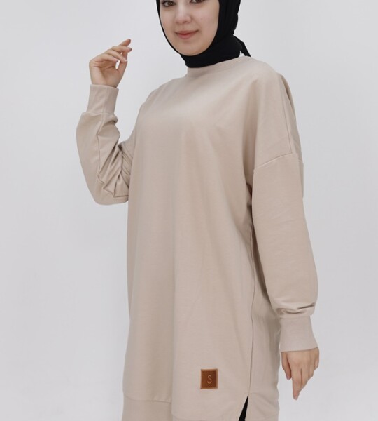 30644 Puane Iki Iplik Kumaş Basic Tunik Sweatshirt-VİZON