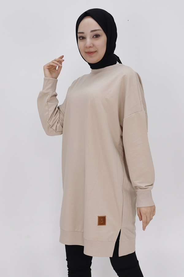 30644 Puane Iki Iplik Kumaş Basic Tunik Sweatshirt-VİZON