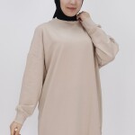 30644 Puane Iki Iplik Kumaş Basic Tunik Sweatshirt-VİZON