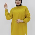 30644 Puane Iki Iplik Kumaş Basic Tunik Sweatshirt-YAĞ YEŞİLİ